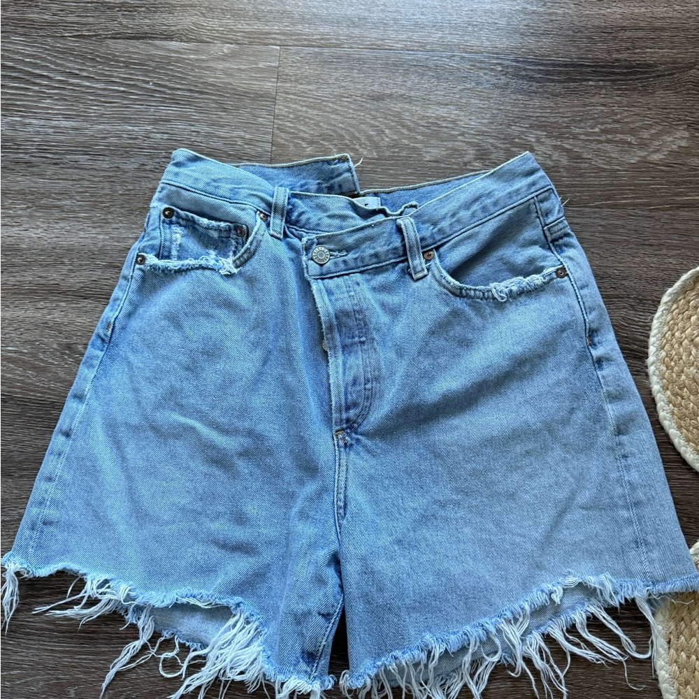 Agolde Light Blue Frayed Jean Shorts